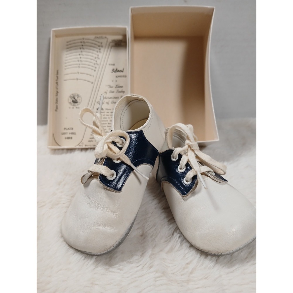 Vtg Mrs. Day's Ideal Baby Shoe White & Navy‎ Soft Leather Shoes Infant  Wearable